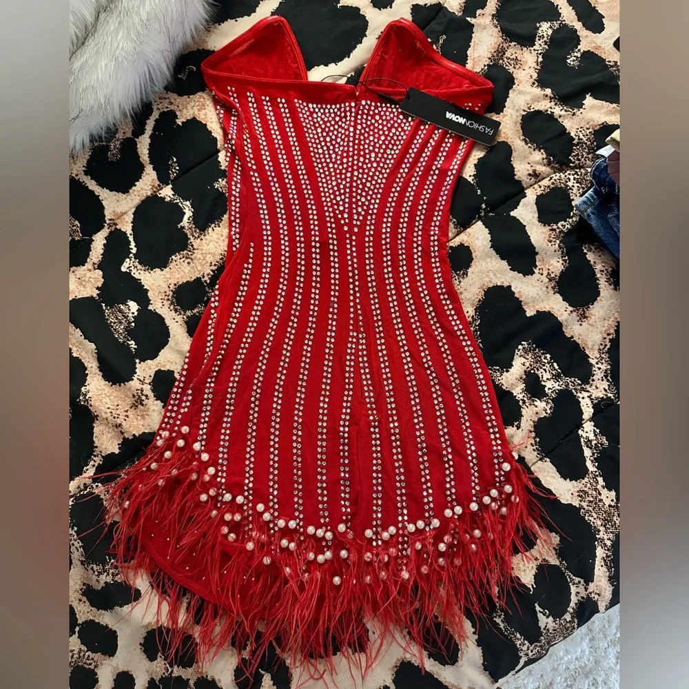 Red Beaded Fringe Party Dress - Picture 3 of 4